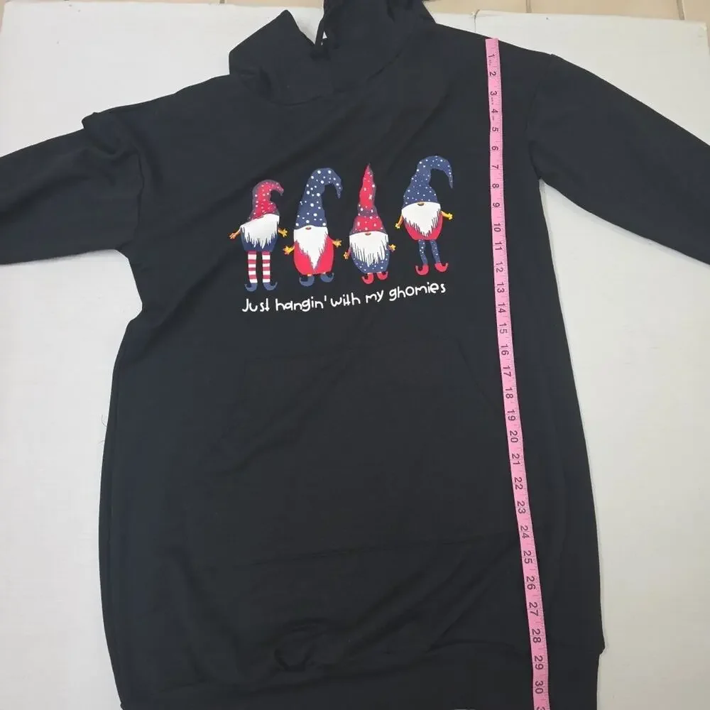 Medium Christmas Hoodie Gnome Graphic Funny Black Sweatshirt Holiday Pullover - Picture 5 of 6